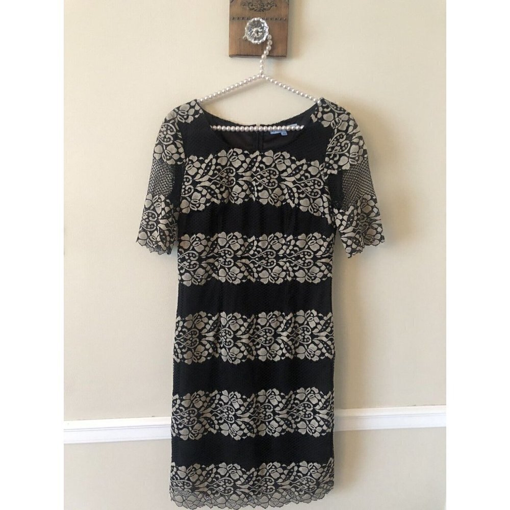Antonio Melani Womens Size 6 Black Tan Lace Sheath Dress Short Sleeve
